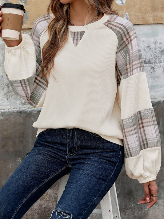 Plaid Round Neck Long Sleeve Sweatshirt - Premium Sweatshirt from Trendsi - Just $29.12! Shop now at Zee's Pieces