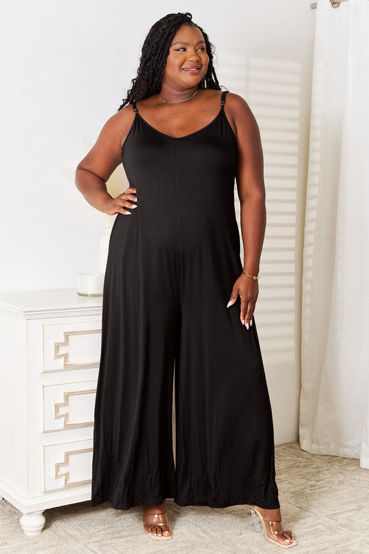 Double Take Full Size Soft Rayon Spaghetti Strap Tied Wide Leg Jumpsuit - Premium Jumpsuits from Trendsi - Just $35! Shop now at ZeesPieces