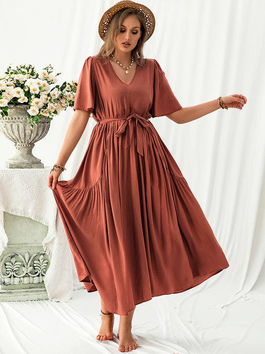 Plus Size V-Neck Flutter Sleeve Midi Dress - Premium Dresses from Trendsi - Just $38.90! Shop now at Zee's Pieces