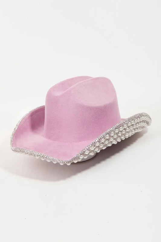 Fame Pave Rhinestone Pearl Trim Cowboy Hat - ZeesPieces