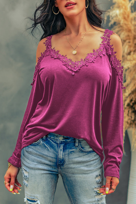 Lace Detail Cold Shoulder Long Sleeve T-Shirt - Premium Blouses from Trendsi - Just $24! Shop now at Zee's Pieces