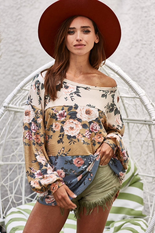 BiBi Floral Jacquard Color Block Top - Premium Long sleeve shirt from Trendsi - Just $43.26! Shop now at Zee's Pieces