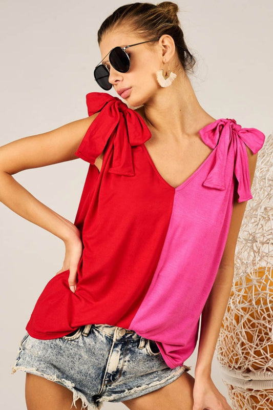 BiBi Shoulder Ribbon Tied Contrast Tank - Premium Tank Top from Trendsi - Just $31.76! Shop now at ZeesPieces