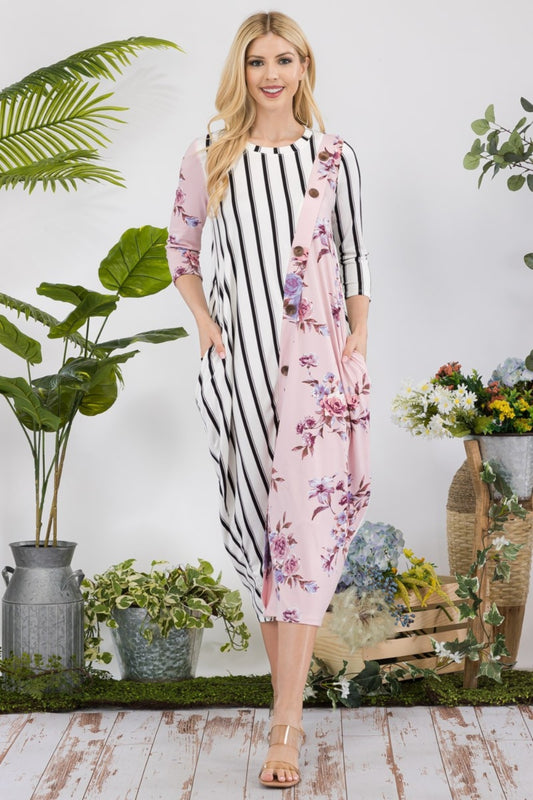 Celeste Full Size Floral Striped Contrast Midi-Dress with Pockets - Premium Dresses from Trendsi - Just $50.42! Shop now at Zee's Pieces