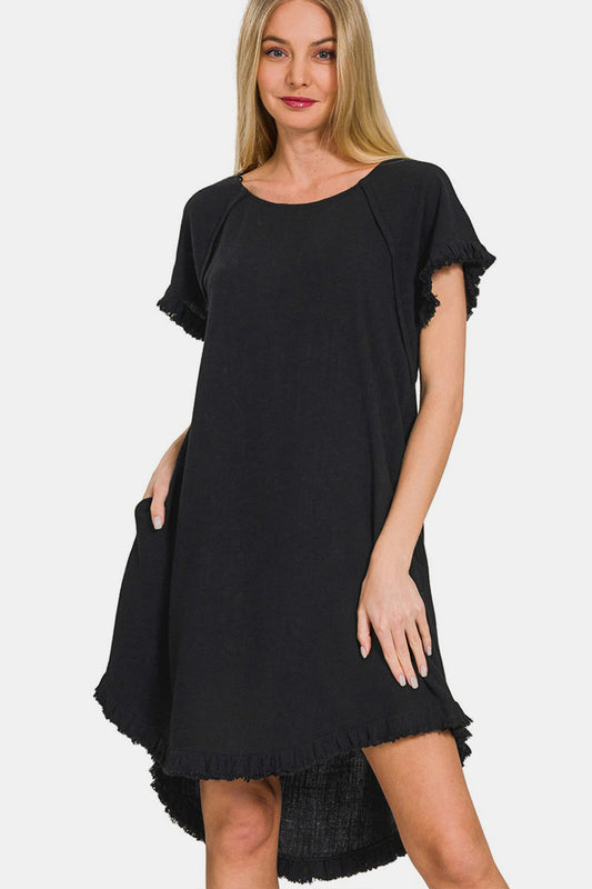 Zenana Fringe Edge High Low Flowy Dress with Pockets - Premium Dresses from Trendsi - Just $37.22! Shop now at Zee's Pieces