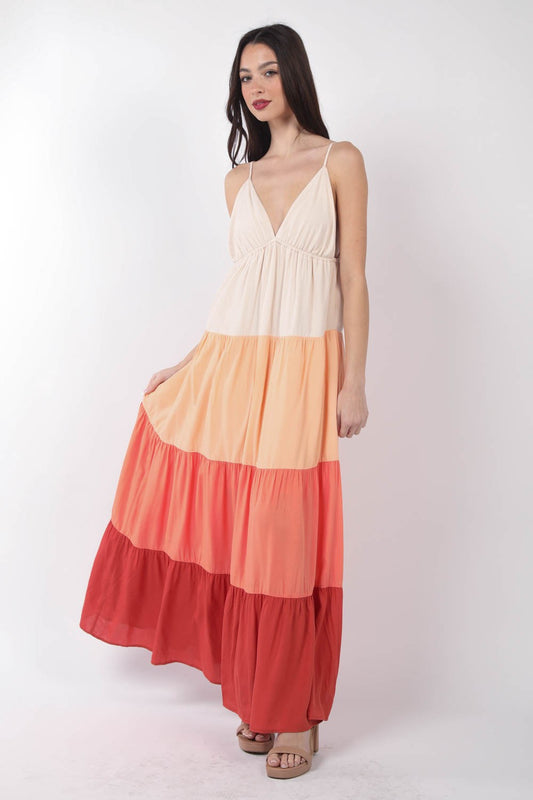 VERY J Color Block Tiered Maxi Cami Dress - Premium Dresses from Trendsi - Just $36.34! Shop now at ZeesPieces