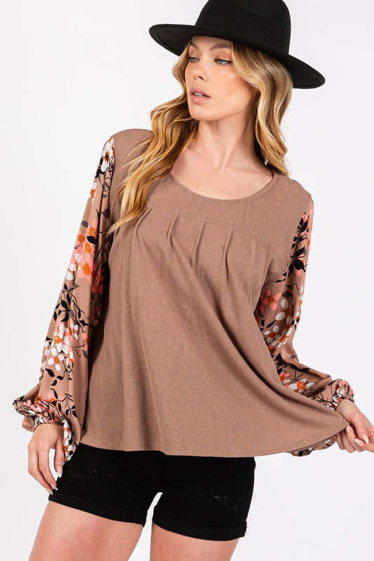 SAGE + FIG Floral Long Sleeve Front Pleated Detail Blouse - Premium Blouses from Trendsi - Just $41.78! Shop now at Zee's Pieces