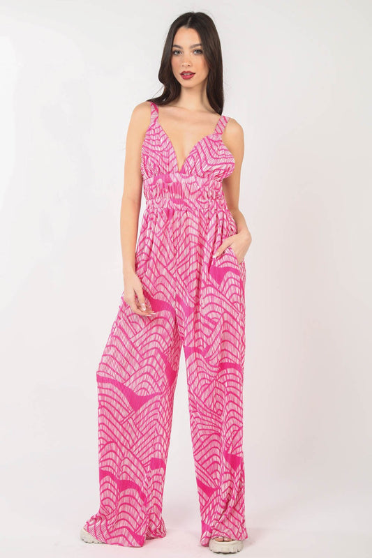 VERY J Printed Pleated Sleeveless Wide Leg Jumpsuit - Premium Jumpsuits from Trendsi - Just $46.98! Shop now at ZeesPieces