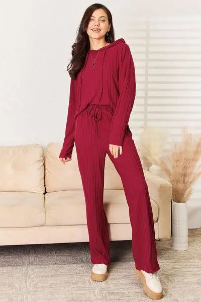 Basic Bae Full Size Ribbed Drawstring Hood Top and Straight Pants Set - Premium Jumpsuits from Trendsi - Just $30! Shop now at ZeesPieces