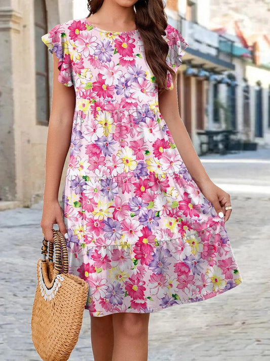 Printed Round Neck Tiered Dress - ZeesPieces