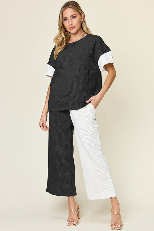 Double Take Full Size Texture Contrast T-Shirt and Wide Leg Pants Set - Premium Top and pants set from Trendsi - Just $46! Shop now at Zee's Pieces