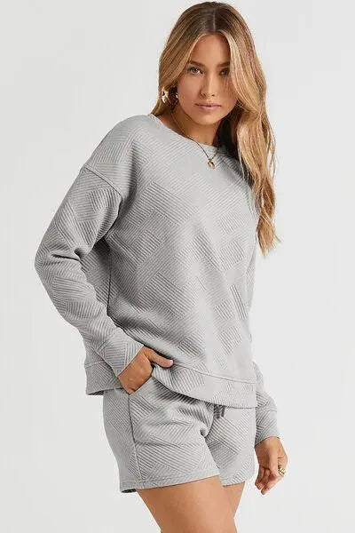 Double Take Full Size Texture Long Sleeve Top and Drawstring Shorts - Premium Lounge Set from Trendsi - Just $34! Shop now at ZeesPieces