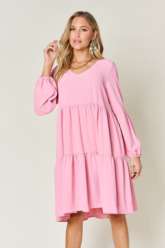 Double Take Full Size V-Neck Balloon Sleeve Tiered Dress with Pockets - Premium Dresses from Trendsi - Just $29! Shop now at ZeesPieces