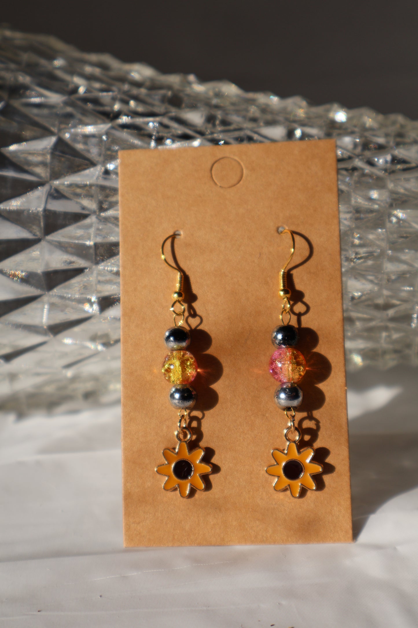 Colorful Beaded Sunflower Earrings with Pink and Silver Glass Beads - Premium Earrings from Zee's Pieces - Just $15! Shop now at Zee's Pieces