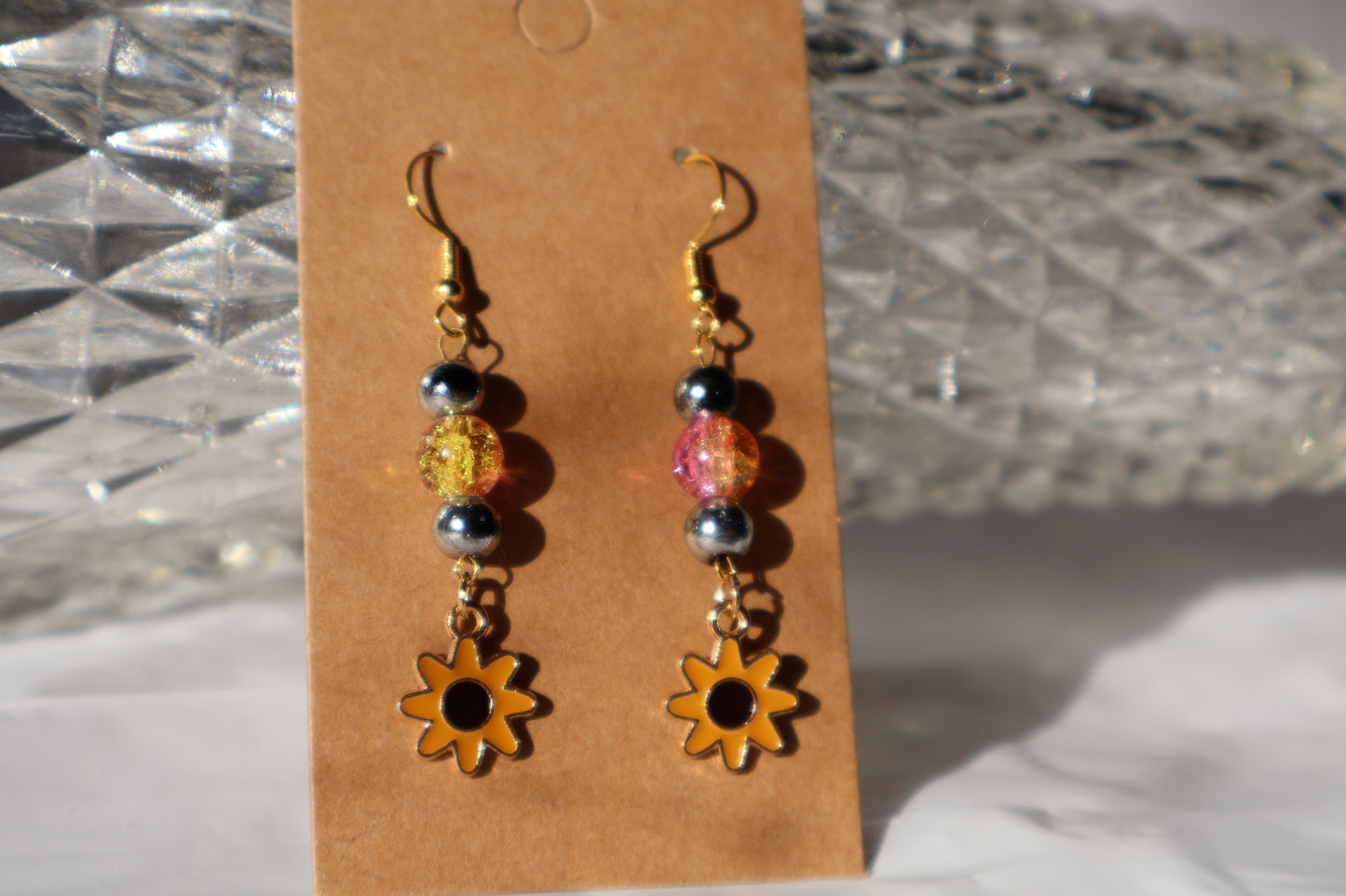 Colorful Beaded Sunflower Earrings with Pink and Silver Glass Beads - Premium Earrings from Zee's Pieces - Just $15! Shop now at Zee's Pieces