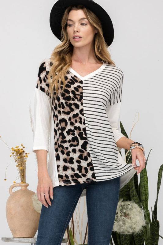 Celeste Full Size Front Leopard and Striped Print V-Neck T-Shirt - Premium T-Shirt from Trendsi - Just $43.72! Shop now at Zee's Pieces