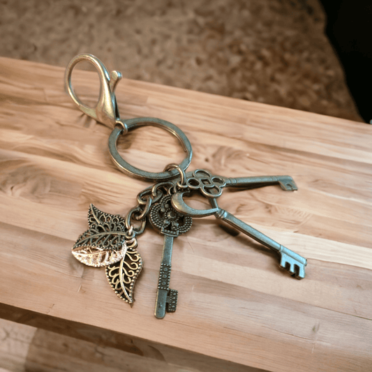 Antique Bronze Colored Keychain with Old Keys and Leaf Charms - ZeesPieces