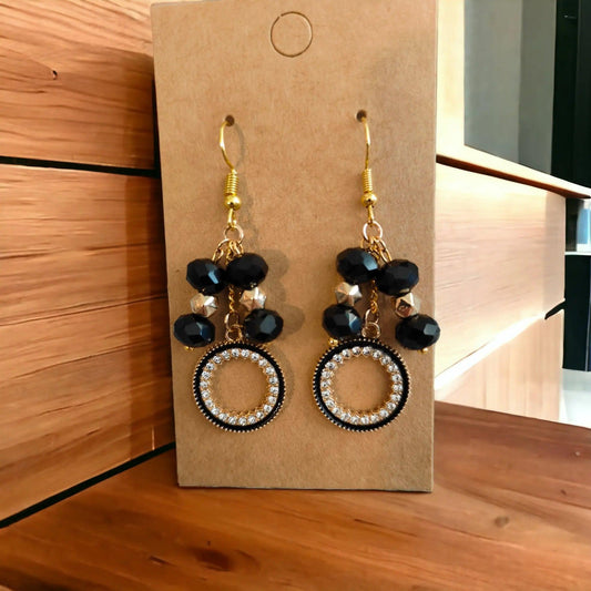 Black and Gold Earrings with Round Rhinestone Pendant and Glass Beads - ZeesPieces