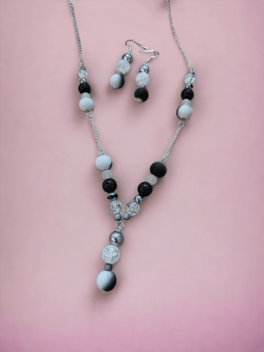 Black and White Necklace and Earrings Set Featuring Crystal Beads and Lava Stone Beads - ZeesPieces