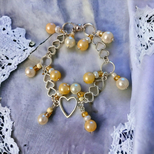 Bracelet with Heart Pendants and Cream Colored Glass Pearls - ZeesPieces