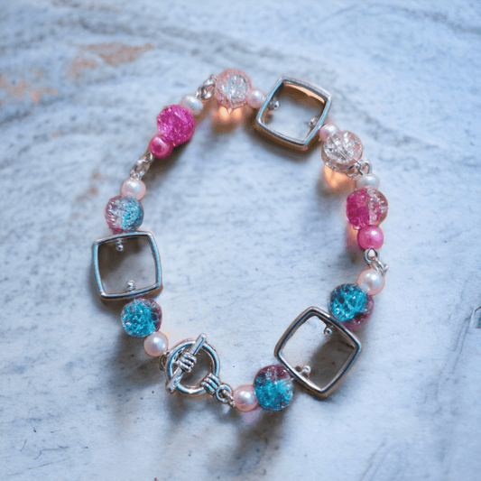 Buckle Clasp Bracelet with Colorful Crackle Glass Beads and Square Pendants - ZeesPieces