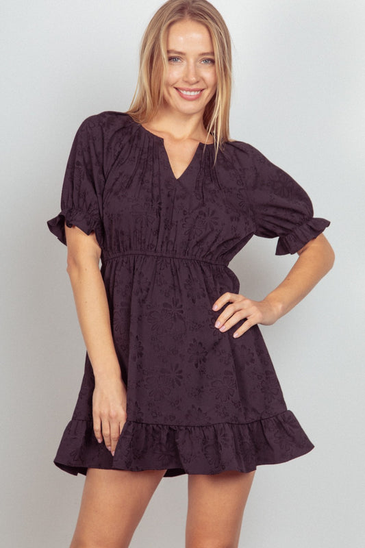 VERY J Floral Textured Woven Ruffled Mini Dress - Premium Dresses from Trendsi - Just $42.28! Shop now at ZeesPieces