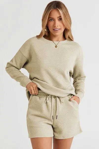 Double Take Full Size Texture Long Sleeve Top and Drawstring Shorts - Premium Lounge Set from Trendsi - Just $34! Shop now at ZeesPieces