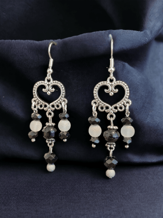 Chandelier Earrings with Antique Style Heart Pendant and Black and White Glass Beads - ZeesPieces