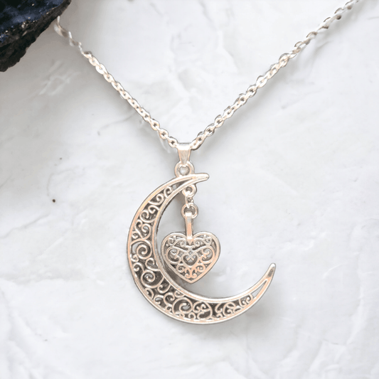 Charming Moon Necklace with Antique-Style, Filigree Heart Charm - ZeesPieces