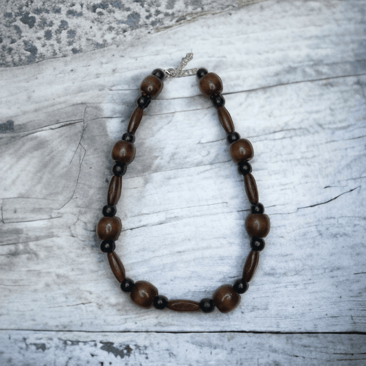 Chunky Wooden Bead Necklaces for Men or Women - Black or White Accent Beads between Brown Round and Oblong Beads - ZeesPieces