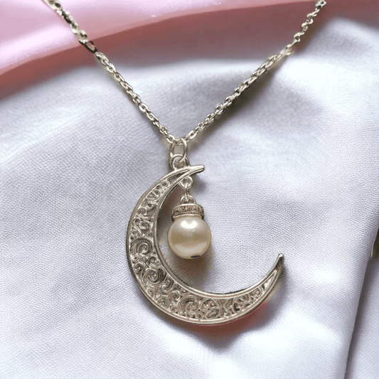 Crescent Moon Necklace with Antique Style Design and White Glass Pearl Pendant - ZeesPieces