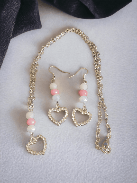 Delicate Heart Chain Necklace with Rhinestone Heart Charms and Pink Glass Bead Earrings - ZeesPieces