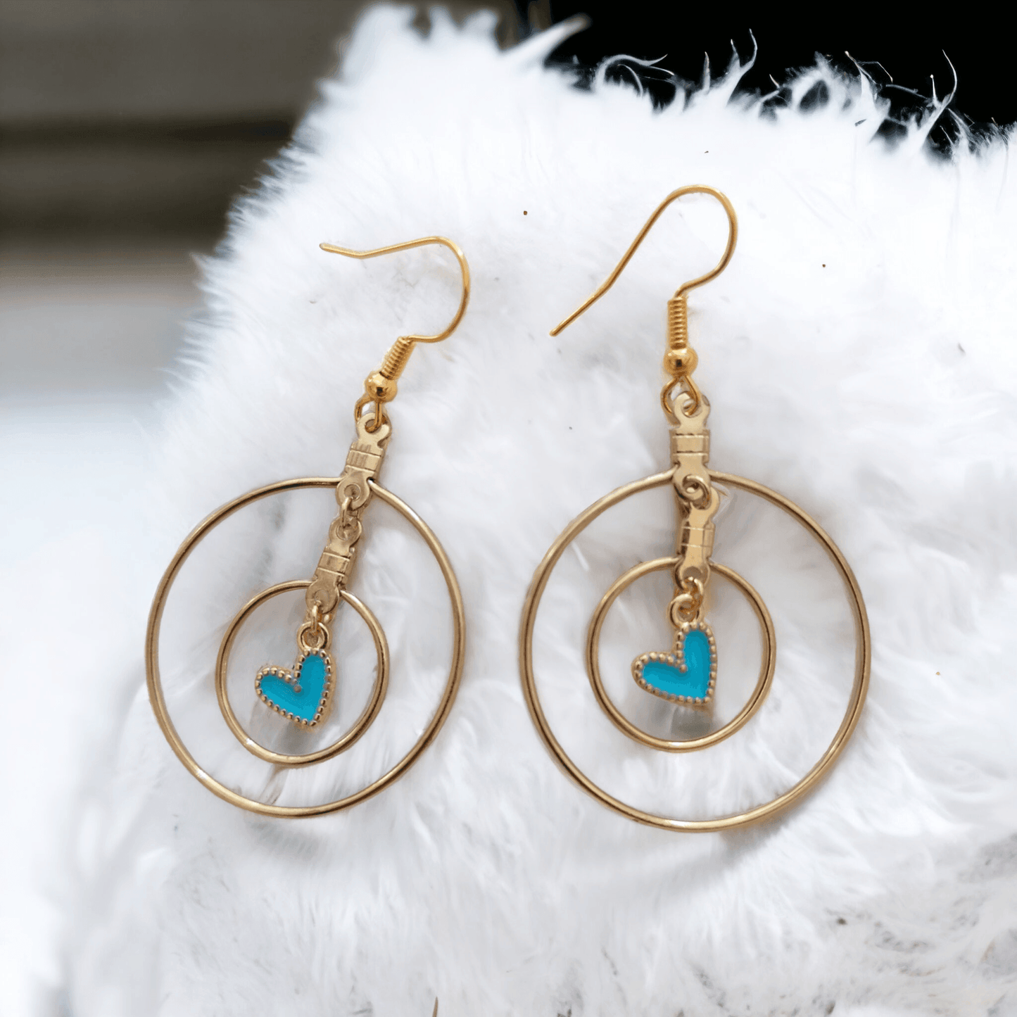 Double Hoop Earrings with Light Blue Heart Pendant in the Center - ZeesPieces