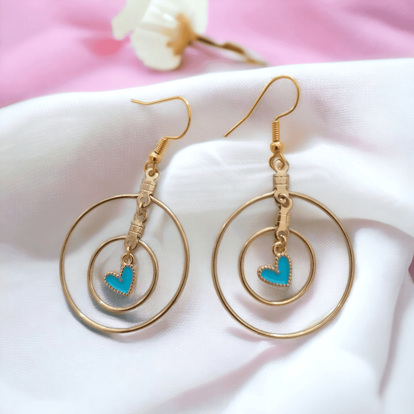 Double Hoop Earrings with Light Blue Heart Pendant in the Center - ZeesPieces