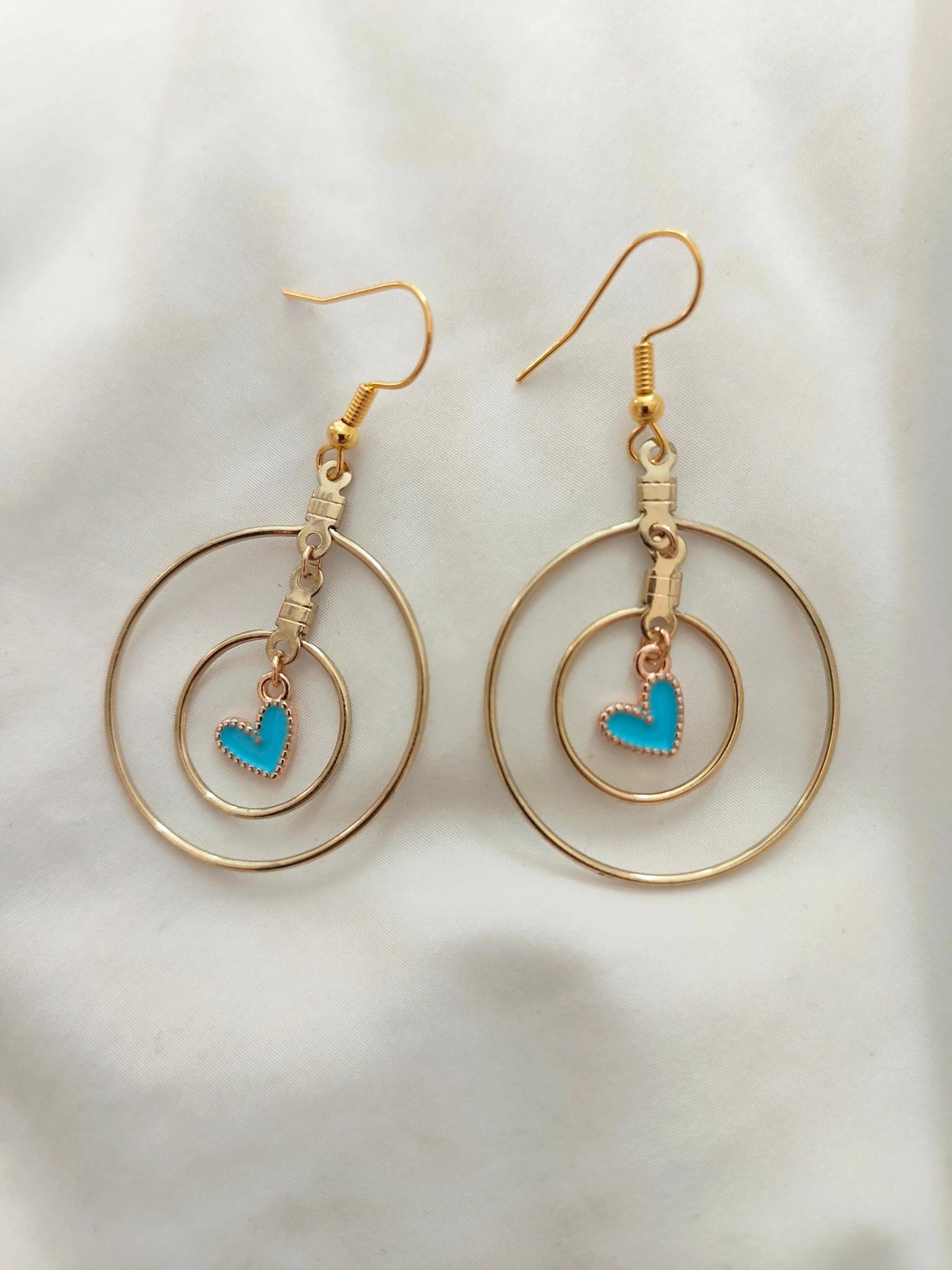 Double Hoop Earrings with Light Blue Heart Pendant in the Center - ZeesPieces