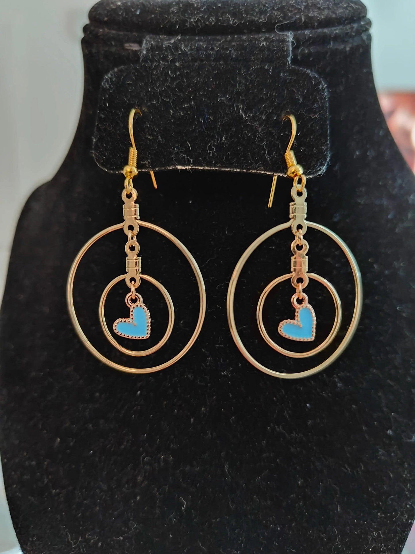 Double Hoop Earrings with Light Blue Heart Pendant in the Center - ZeesPieces