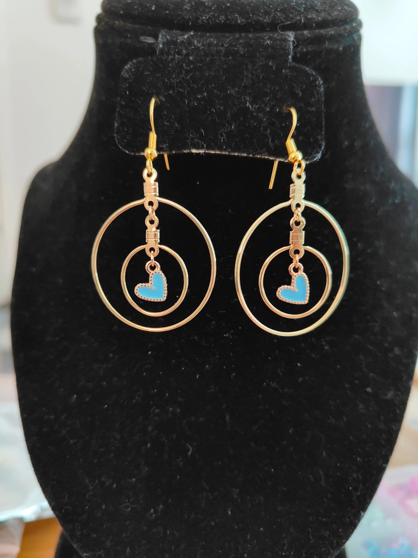 Double Hoop Earrings with Light Blue Heart Pendant in the Center - ZeesPieces