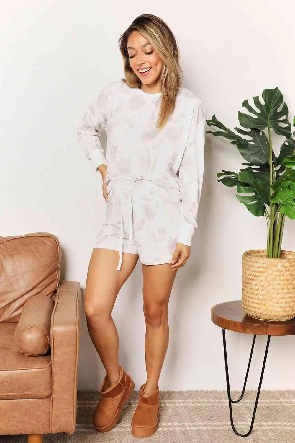 Double Take Floral Long Sleeve Top and Shorts Loungewear Set - ZeesPieces