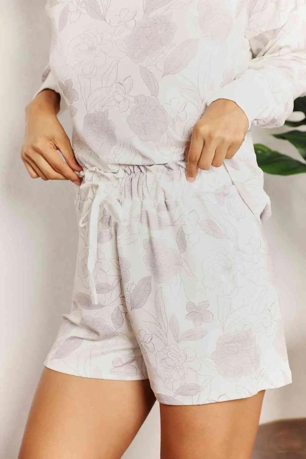 Double Take Floral Long Sleeve Top and Shorts Loungewear Set - ZeesPieces