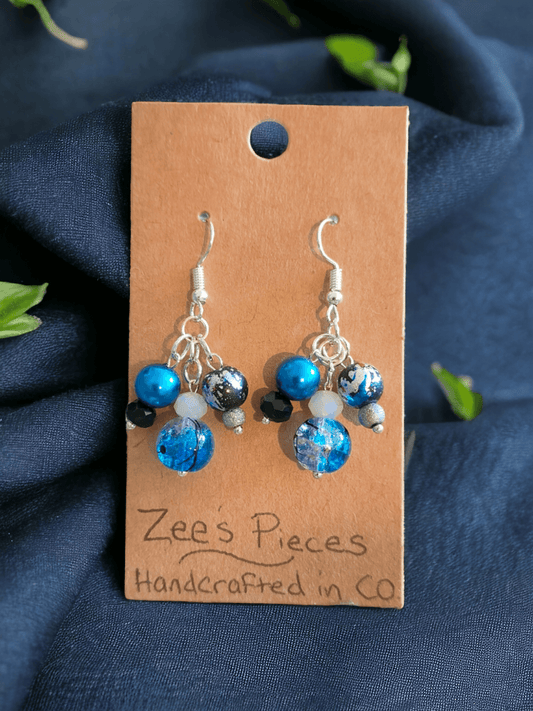 Earrings with Blue and Silver Abstract Glass Beads - ZeesPieces