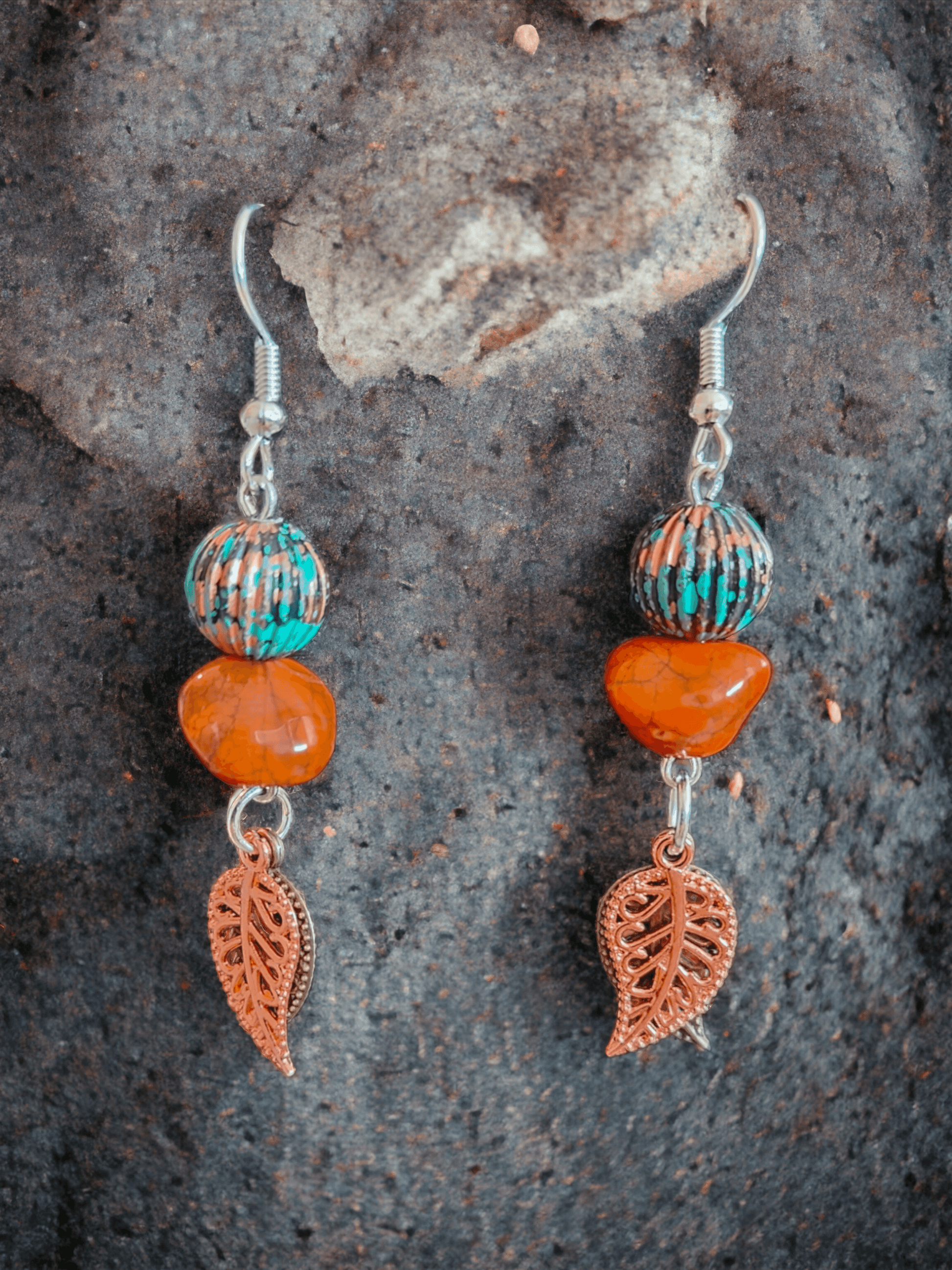 Earrings with Burnt Orange and Turquoise Glass Beads and Leaf Charms - ZeesPieces