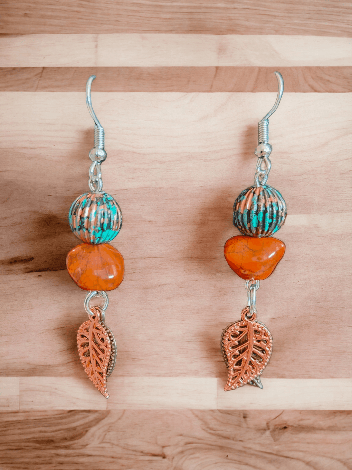 Earrings with Burnt Orange and Turquoise Glass Beads and Leaf Charms - ZeesPieces