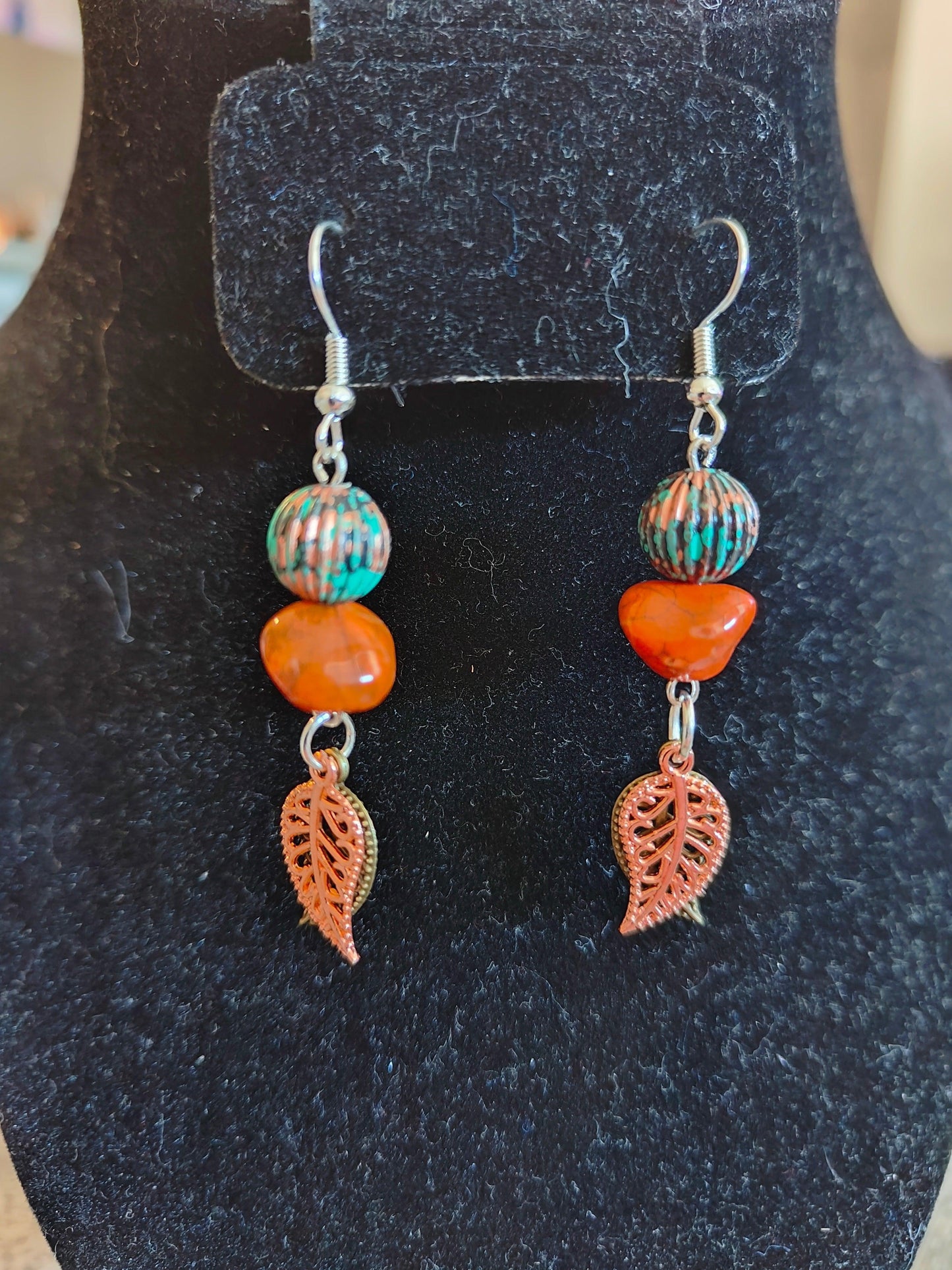 Earrings with Burnt Orange and Turquoise Glass Beads and Leaf Charms - ZeesPieces