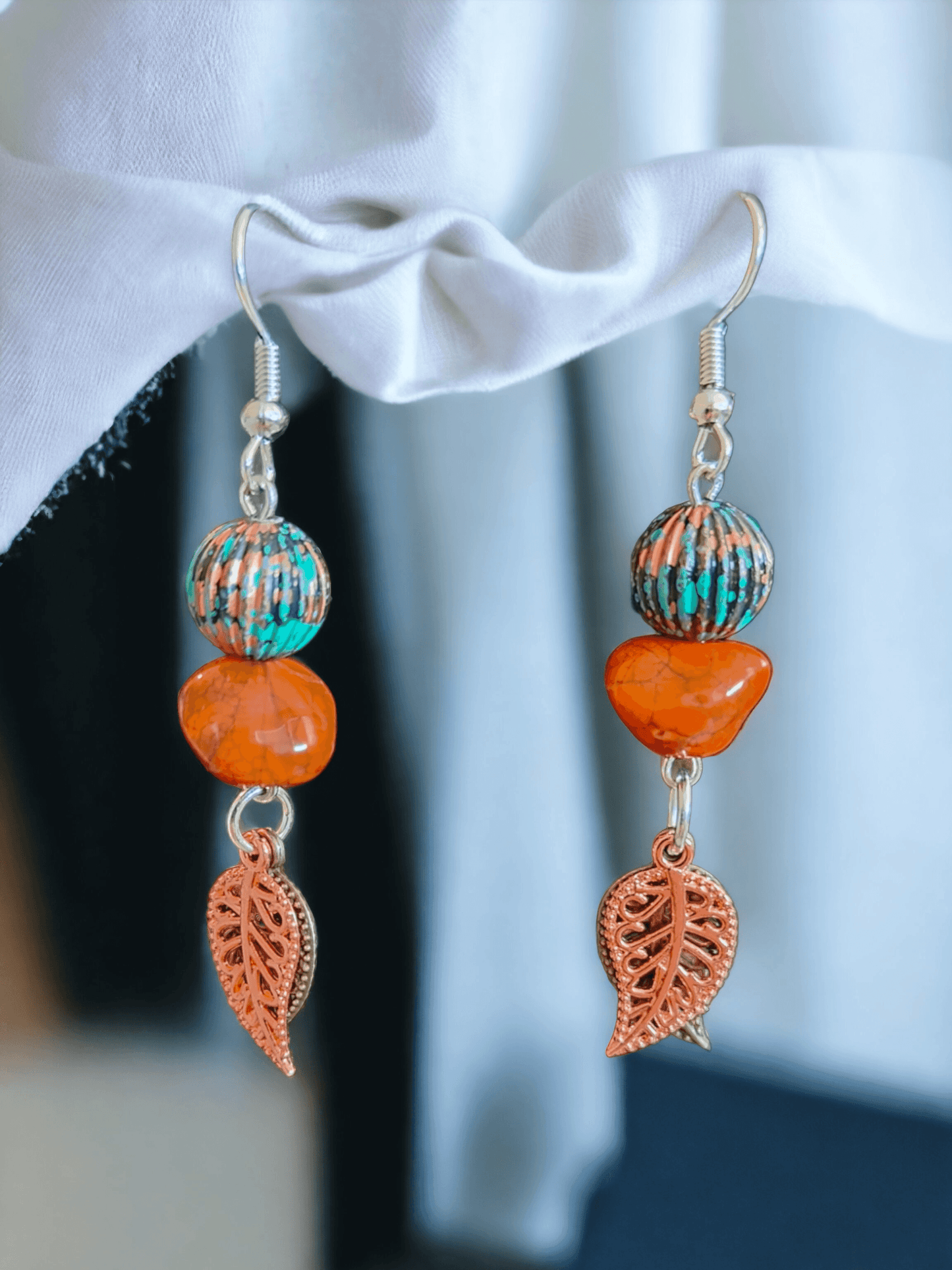 Earrings with Burnt Orange and Turquoise Glass Beads and Leaf Charms - ZeesPieces