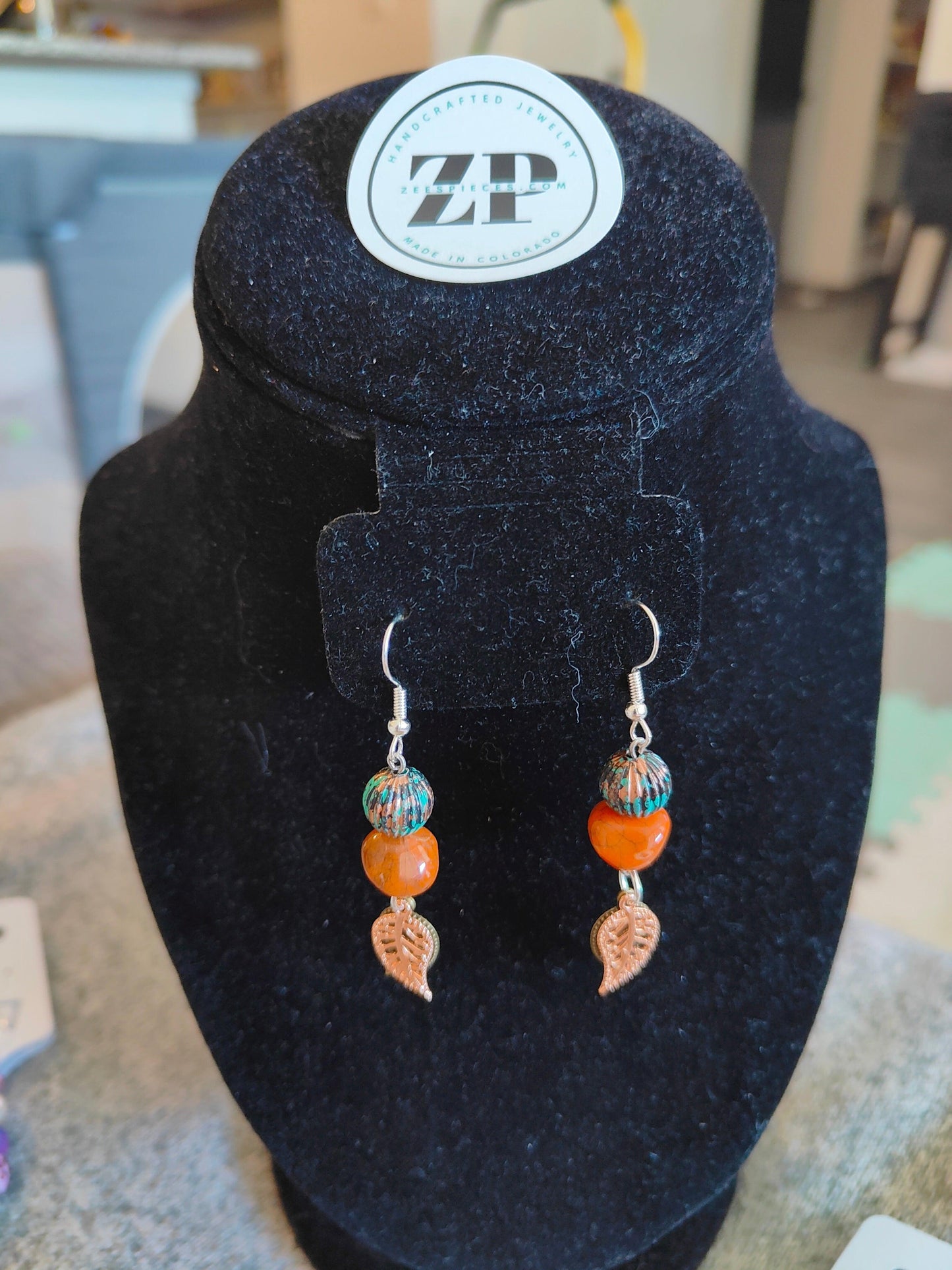 Earrings with Burnt Orange and Turquoise Glass Beads and Leaf Charms - ZeesPieces