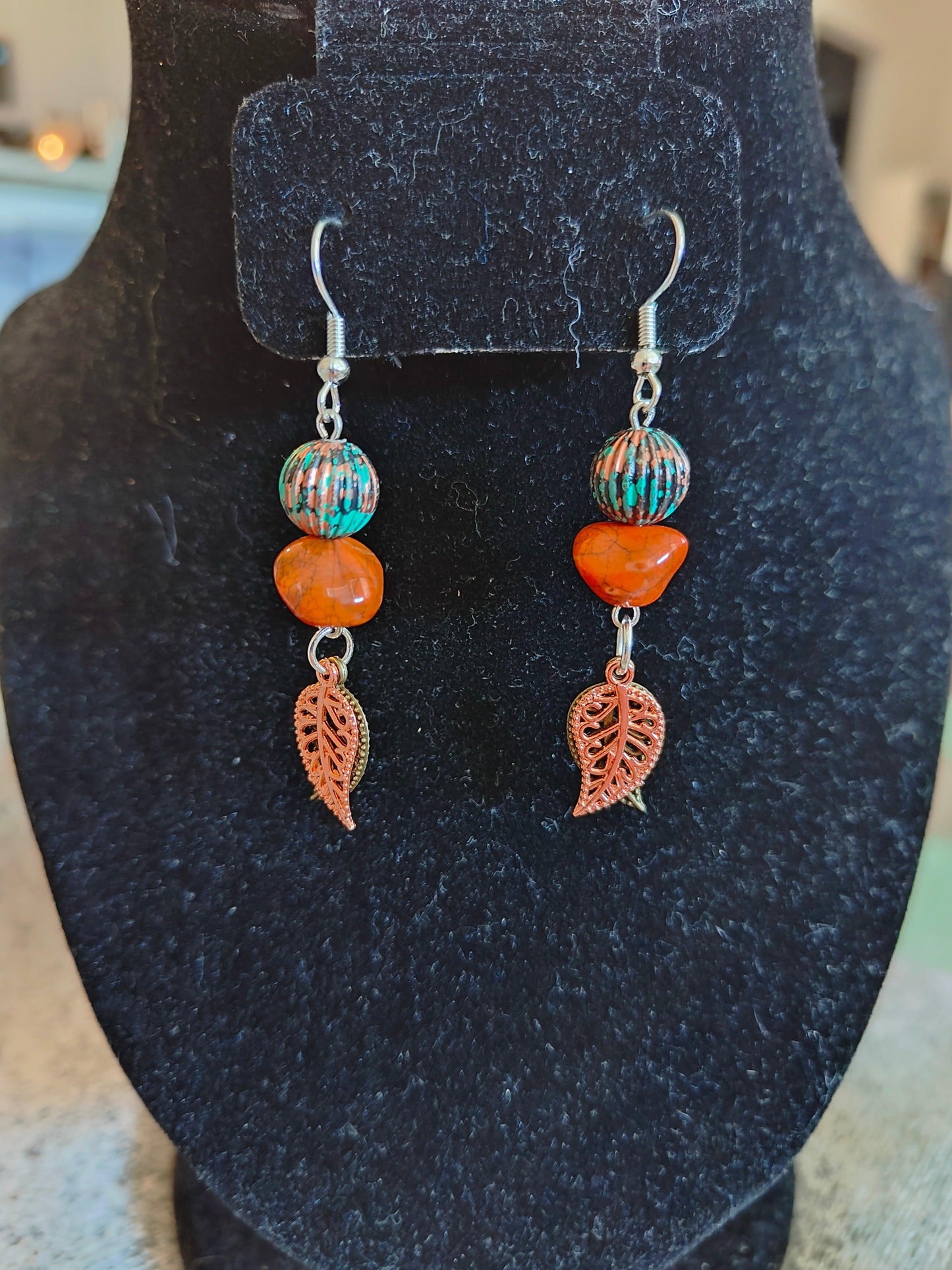 Earrings with Burnt Orange and Turquoise Glass Beads and Leaf Charms - ZeesPieces