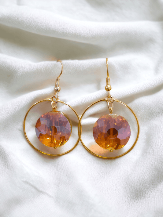 Earrings with Large Amber Faceted Beads within a Golden Hoop - ZeesPieces