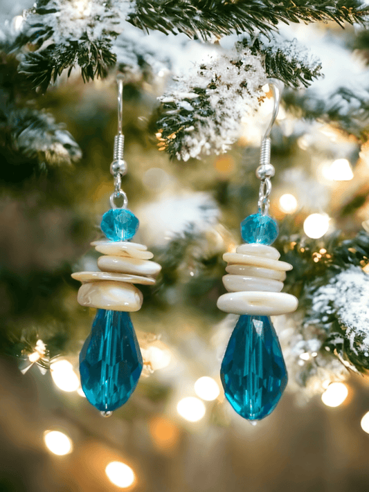 Earrings with Teal Teardrop Glass Gems and Seashell Beads - ZeesPieces