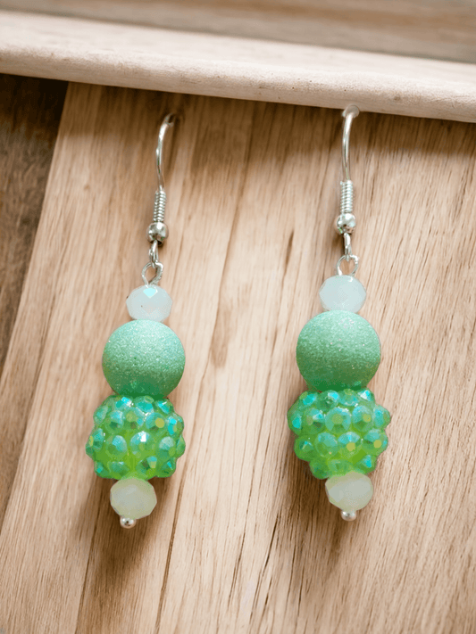 Earrings with Textured Green Glass Beads and White Glass Beads - ZeesPieces