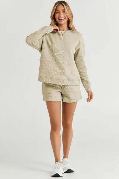 Double Take Full Size Texture Long Sleeve Top and Drawstring Shorts - Premium Lounge Set from Trendsi - Just $34! Shop now at ZeesPieces